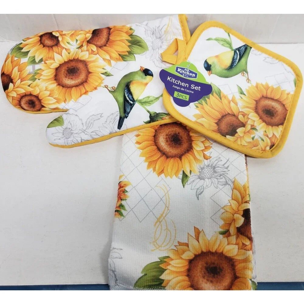 3 pc KITCHEN SET:1POT HOLDER,1OVEN MITT,1MICROFIBER TOWEL,SUNFLOWERS & BIRD,K&Co